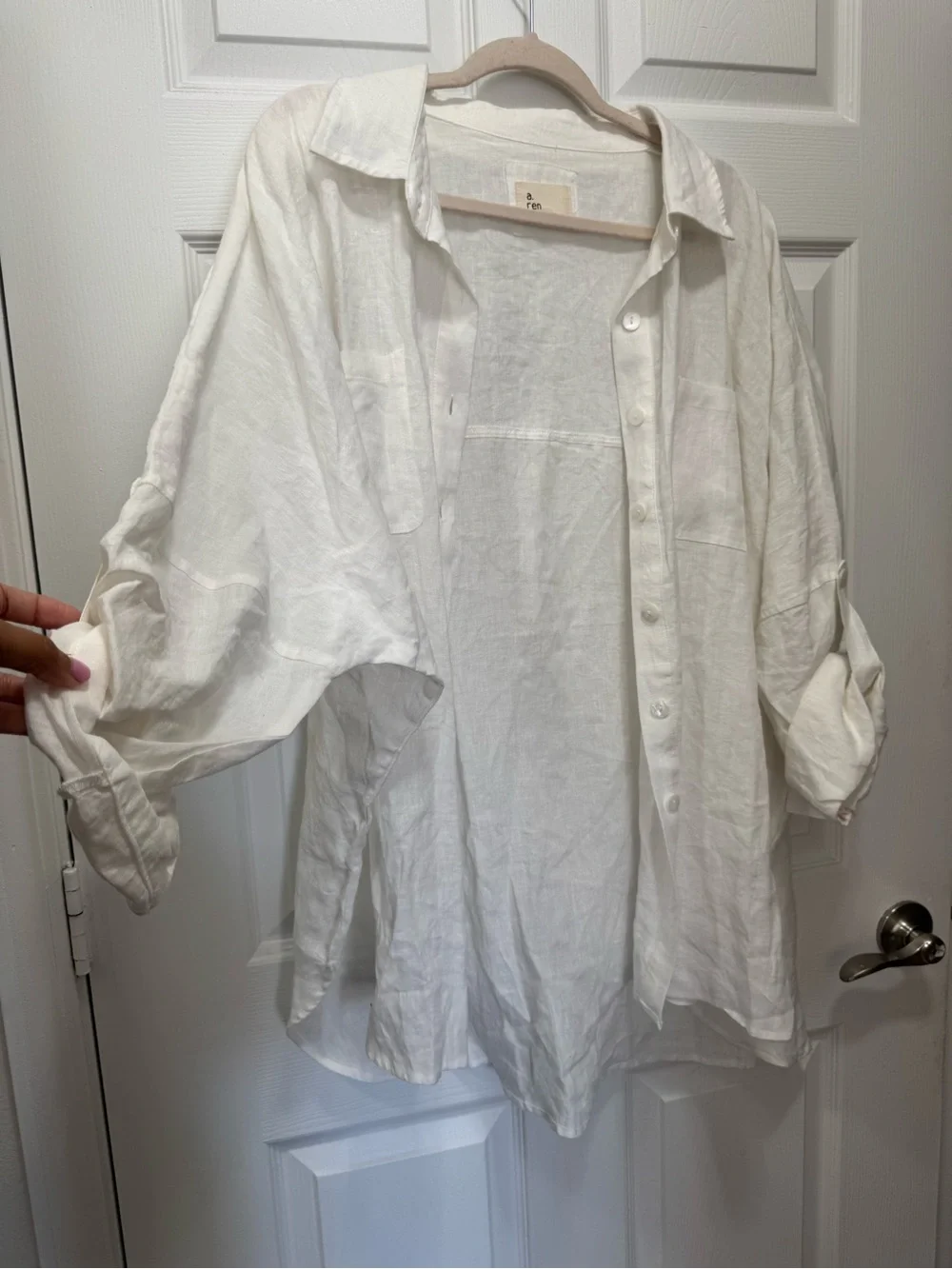 a.ren 100% Linen Boyfriend Shirt White Oversized Resort Beach CoverUp Size Large - Picture 4 of 15